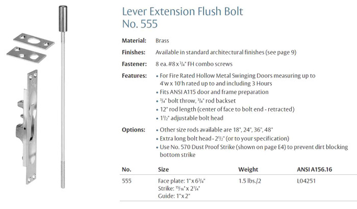 Rockwood 555 Lever Extension Flush Bolt 12 quot Rod Length Fast Free