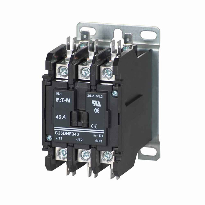 Eaton Eaton definite purpose contactor, Quick, Class J, 600V, 60A, 40A, 110-120 Vac, 50/60 Hz, Open with metal mounting plate, 15-50A, two- and 3P, 40A, Contactor, 3P, 50A, Box lugs and quick connect terminals , Non-reversing
