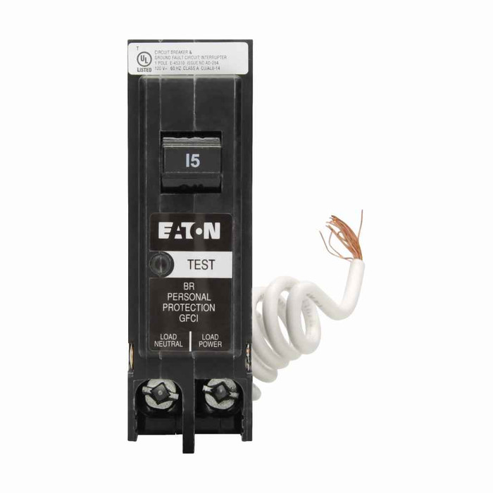 Eaton BR GFCI , Plug-in ground fault , 15 A, 10 kAIC, Single-pole, 120/240 V, BRN, Trip-to-center, Plug-on, #14-8 AWG, Ground fault circuit interrupter, GFI