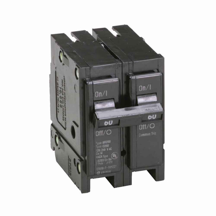 Eaton BR Thermal magnetic , Type BR 1-Inch plug-on , 60 A, 10 kAIC, Two-pole, 120/240V, BR, Common trip, #8-1/0 AWG Cu/Al, Q28, BR, Type BR Loadcenters