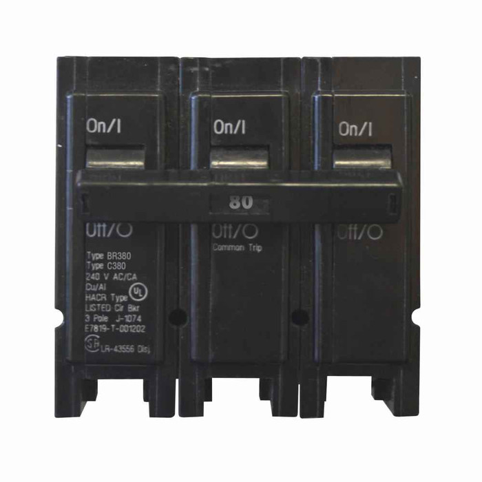 Eaton BR thermal magnetic ,Type BR 1-Inch plug-on ,80 A,10 kAIC,Three-pole,240V,BR,Common trip,#4-1/0 AWG Cu/Al,Q28,BR,Type BR Loadcenters