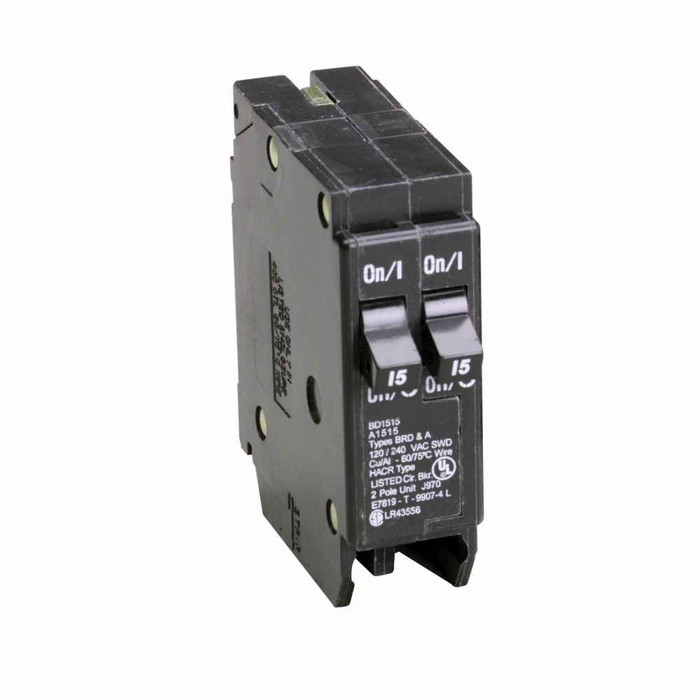 Eaton BR thermal magnetic ,Type BD 1-Inch CTL plug-on ,Includes rejection tab feature,15-15 A,10 kAIC,Single-pole,120V,BD,#14-4 AWG Cu/Al,BD,Type BR Loadcenters