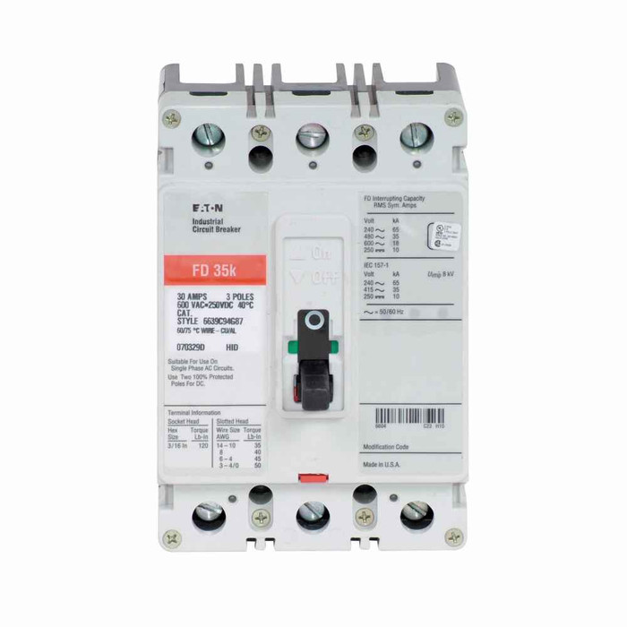 Eaton Series C complete , F-, FD, Complete , Fixed thermal, Fixed magnetic trip type, Three-pole, 60 A, 600 Vac, 250 Vdc, Load side, 50/60 Hz