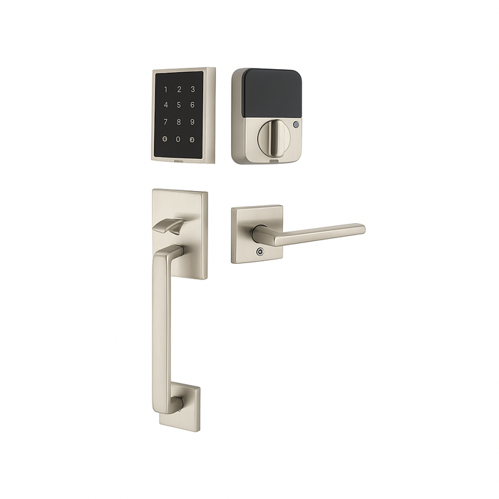 Emtek Touch Entry Set with Baden Grip and EMPowered 2 Upgrade in Satin Nickel (US15) — touch keypad deadbolt and grip handleset, white background