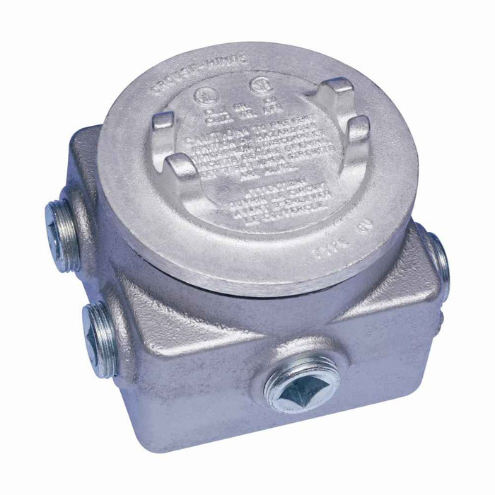 Crouse-Hinds Eaton series GUP junction box, 3/4" back hub, 3/4" bottom hub, Feraloy iron alloy, 3/4" side hub, 3/4" top hub Crouse-Hinds Eaton series GUP junction box, 3/4" back hub, 3/4" bottom hub, Feraloy iron alloy, 3/4" side hub, 3/4" top hub