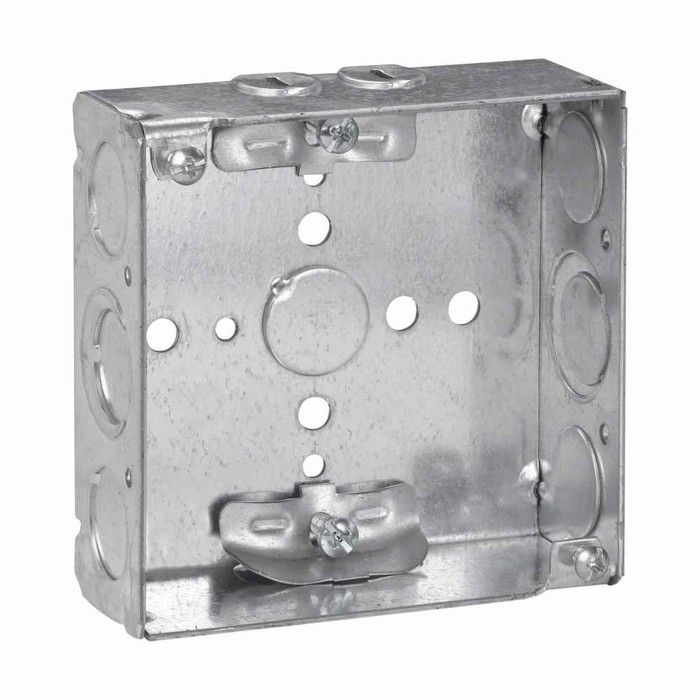 Crouse-Hinds Eaton series Square Outlet Box, 1/2", 4", 4, NM clamps, Welded, 1-1/2", Steel, 1/2", 1/2", 3/4" E, 22.0 cubic inch capacity