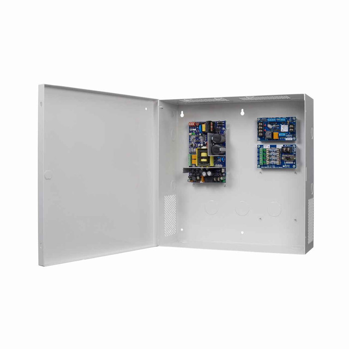 Securitron AQD2 Switching Power Supply 12/24 VDC 2A - with enclosure, open door view showing power board and distribution board mounted inside steel cabinet