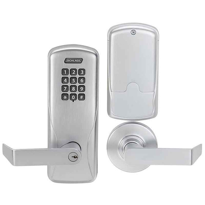 Schlage CO-100 Standalone Electronic Cylindrical Lock – Classroom/Storeroom Keypad, Satin Chrome finish, front and rear view showing keypad exterior and interior rose