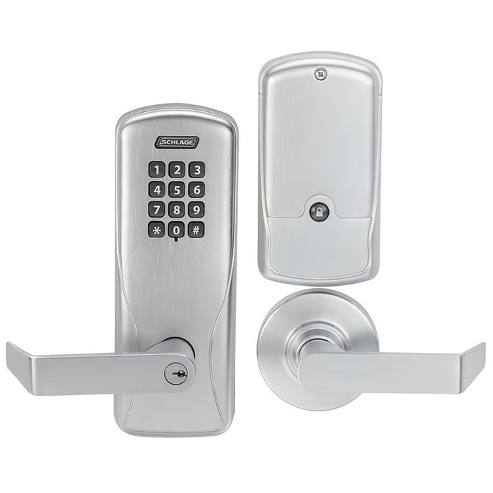 Schlage CO-100 Standalone Electronic Cylindrical Lock with Keypad Reader, Office Function — front and rear view showing keypad exterior, interior escutcheon, and Sparta lever in Satin Chrome finish