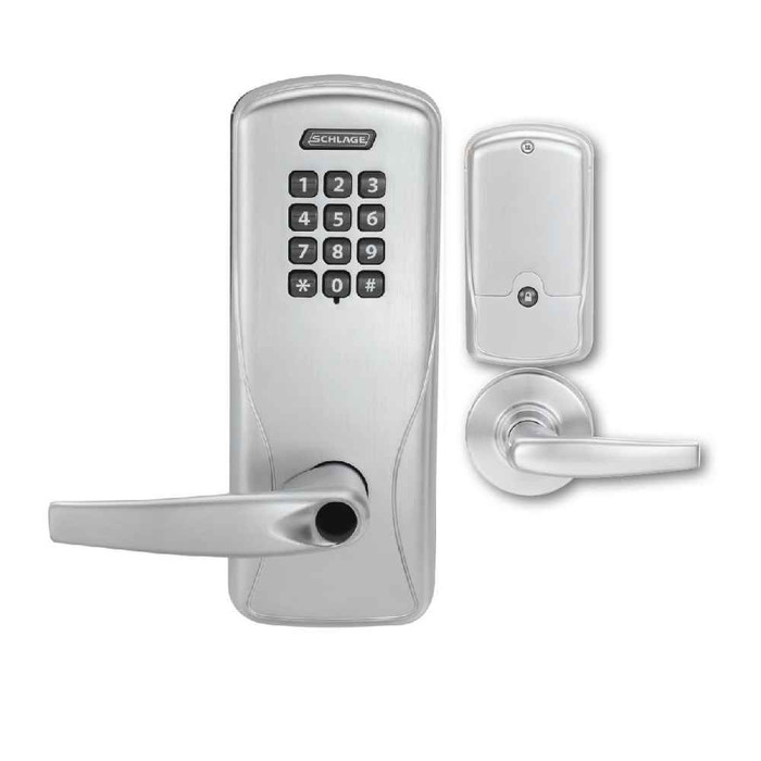 Schlage CO-100 standalone electronic mortise lock with keypad reader, satin chrome finish, Latitude lever — front and interior side view showing keypad unit, lever, and interior trim