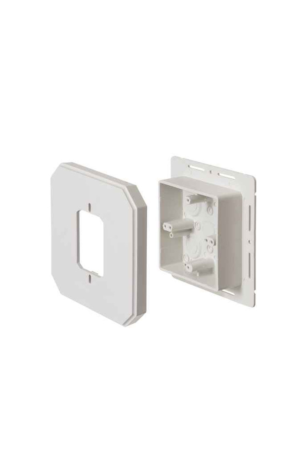 Arlington Industries Works on all siding types. Before or after siding is up, Mounting holes on inside of box. Textured paintable surface. NM cable connector provided. 6-1/2 x 6-1/2 mounting surface. Provides a .895 J-channel. 24.5 cubic inch box. Wi