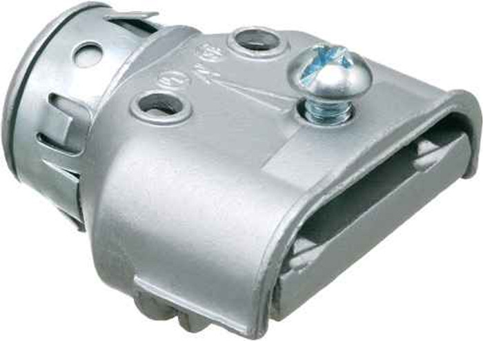 Arlington Industries Zinc die-cast, single screw duplex connector snaps into 1/2" knockout with an external spring steel clip. Provided with insulated throat. Concrete tight when taped.