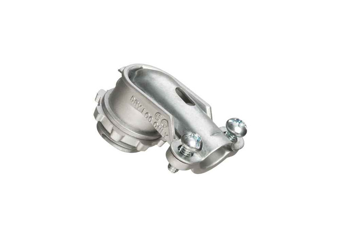 Arlington Industries Zinc die-cast, 90 degree 2 screw flex connector for aluminum and steel Flex. Secures into a 2-1/2" Knockout with a diecast locknut. Acodates cable range 2.6 to 3.1.