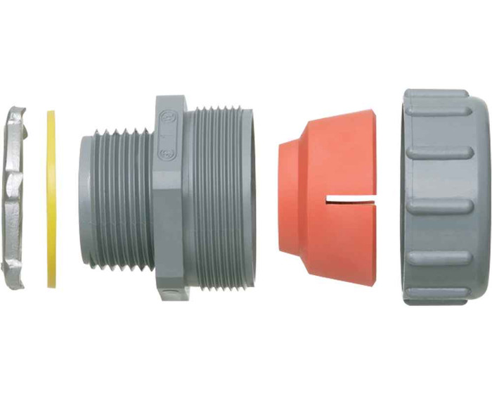 Arlington Industries Non-metallic, liquid-tight, gray, and oil-tight colorgrip strain relief cord connector furnished with a sealing ring and locknut. Supports .750 to .875 cord range with a 1 inch trade size.