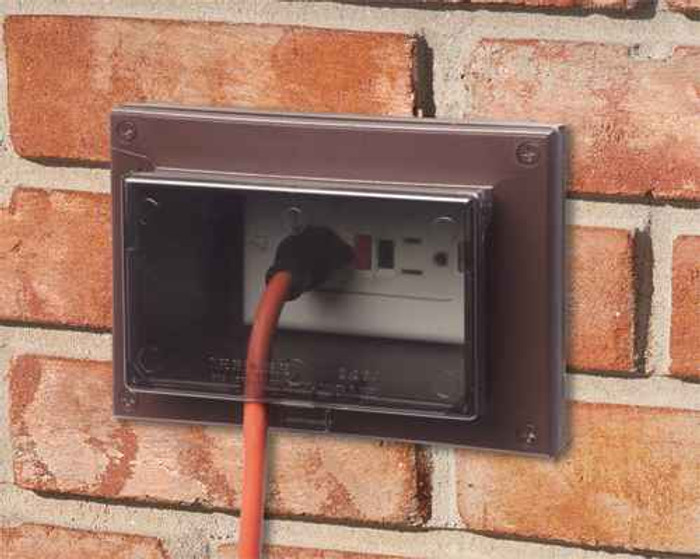 Arlington Industries Low profile Inbox with adapter sleeve for new brick. Horizontal with weatherproof while in use clear cover and brown box.