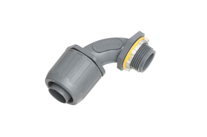 Arlington Industries Non Metallic 90 degree snap2it connector for use with non metallic liquid tight conduit type B only. Push on installation. 3/4" Trade Size. Arlington Industries Non Metallic 90 degree snap2it connector for use with non metallic liquid tight conduit type B only. Push on installation. 3/4" Trade Size.