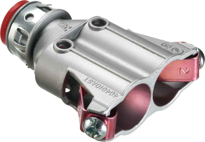 Arlington Industries Duplex zinc die-cast, 3/8" Knockout MC cable connector snaps quickly on to the conduit with a removable screw in spring steel clip and then snaps into knockout with external spring steel clip, no tools required. Concrete tight wh