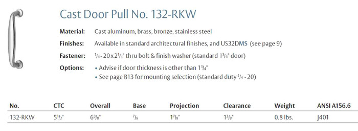 Rockwood Rockwood 132 Cast Door Pull , 5-1/2" CTC ROC-132-US32D