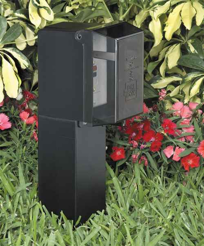 Arlington Industries Gard-N-Post. 19.5" support for GFCI devices outdoors. Built in stablaizers need to assembly. Opennings in stabalizers allow for insertion of extra support material. Angle Cut post for easy acces to unground wiring. two 1/2" Knock