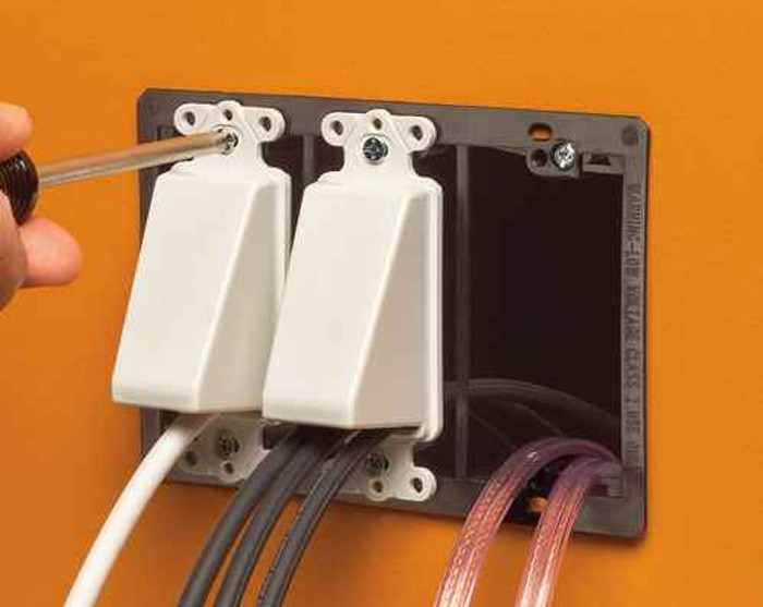 Arlington Industries Reversable non metallic cable entrance hood for existing cables. Single Gang. Color White. Decorator Device Style. Includes two #6 screws.