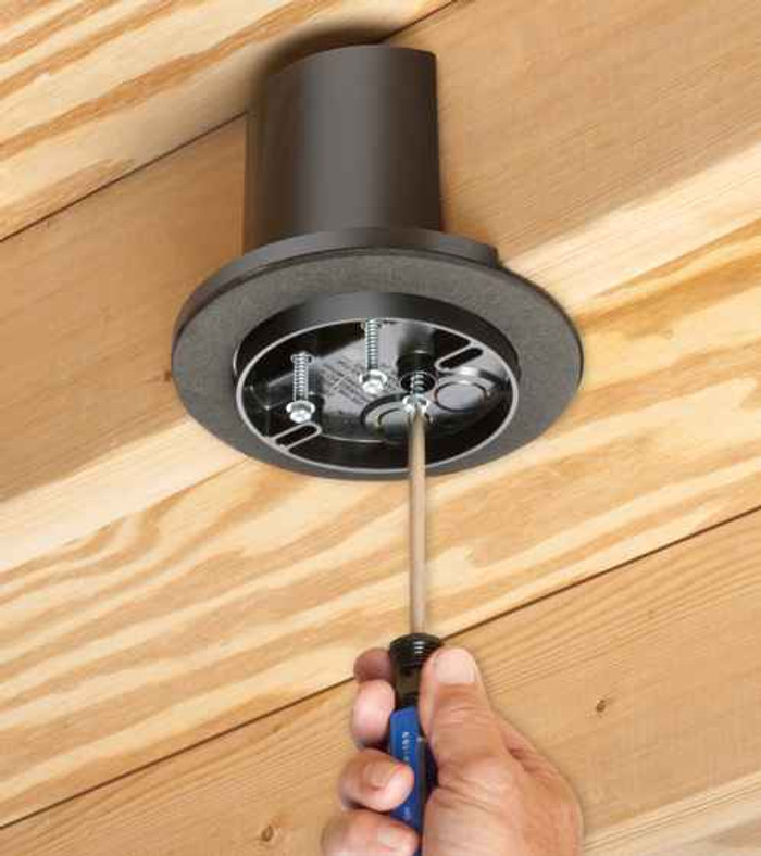 Arlington Industries L-shaped fan and fixture vapor box. 70lb fan, 200lb fixture rated for 1/2" or 5/8" drywall. 18.3 cu. 2 Hour Fire Rating. Flange forms a protective barrier against air infiltration.