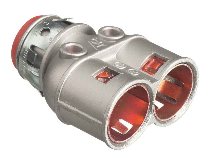Arlington Industries Duplex zinc die-cast, 1/2" Knockout MC cable connector snaps quickly on to the conduit with an spring steel clip and then snaps into knockout with external spring steel clip, no tools required. Concrete tight when taped. Red tin