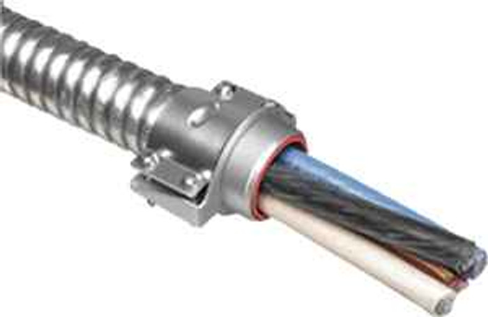 Arlington Industries For steel and aluminum cable, Zinc die-cast MC feeder cable connector with a steel strap. Including an end stop that comes with additional end stop bushings for a wider range of cables. Secures into a 2-1/2" knockout with a steel