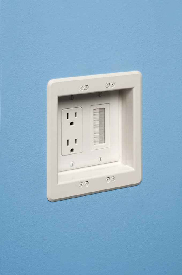 Arlington Industries Cable entry device with brush style cover. White Non-metallic. Includes two #6 screws.