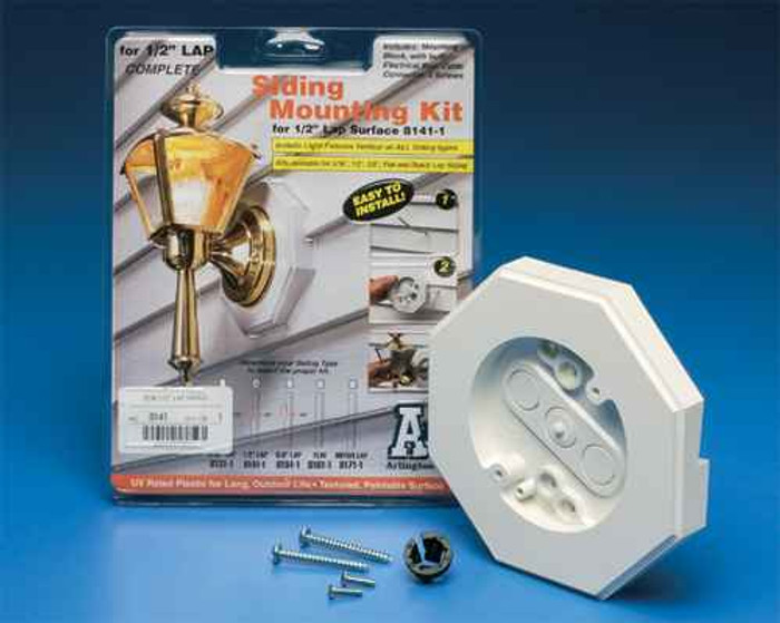Arlington Industries Siding mounting kit with built in electrical box. 6.8 cubic inch box.Kit includes NM cable connector. 4 mounting screws. 5/8" lap siding. 6.6 x 6.6 octagon.