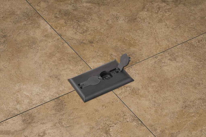 Arlington Industries Non Metallic Box with metal covers for existing floors. Rectangular gasketed, non metallic black cover with flip lids.