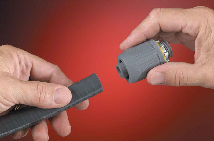 Arlington Industries Non Metallic sraight snap2it connector for use with non metallic liquid tight conduit type B only. Push on installation. 3/4" Trade Size.
