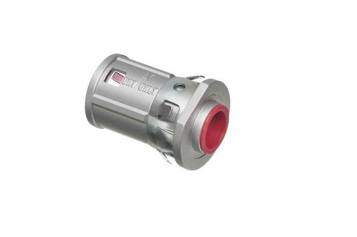 Arlington Industries Zinc die-cast, 1/2" Knockout MC cable connector snaps quickly on to the conduit with an spring steel clip and then snaps into knockout with external spring steel clip, no tools required. Concrete tight when taped. Red tinted cl