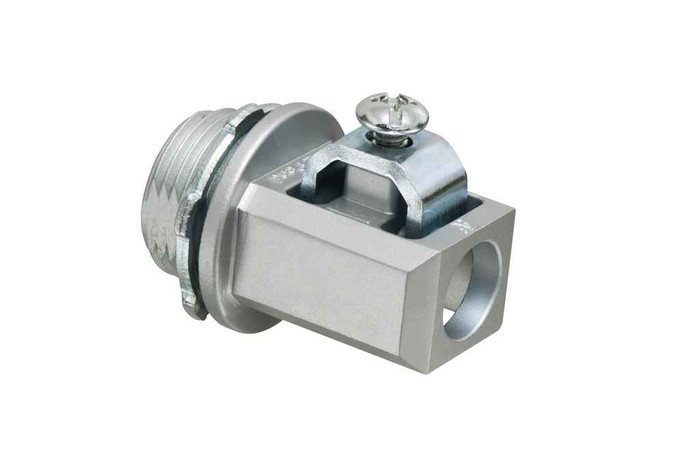 Arlington Industries Aluminum grounding connector for 3/4" knockout. #1 to 3/0 stranded and solid copper and aluminum grounding electrode. cULus listed.