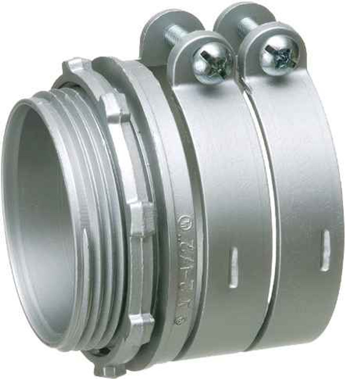 Arlington Industries Zinc die-cast, two screw, 4" knockout squeeze connector with round end stop. For Flex, AC, MCI cable. Concrete tight when taped. End stop diameter: 3.977