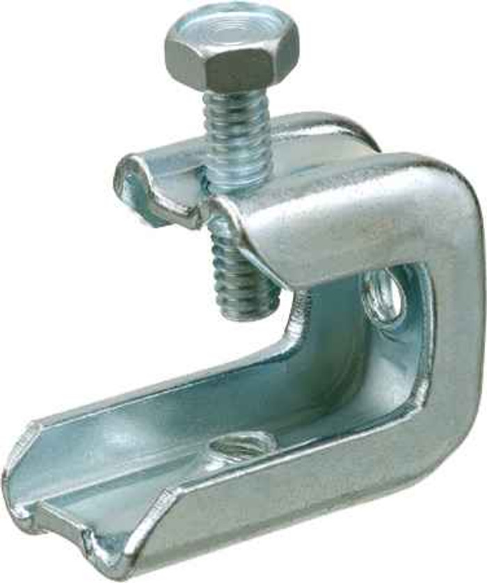 Arlington Industries Beam Clamp. Plated Steel. 1/4/20 threaded rod size. Static Load rating 75lbs.