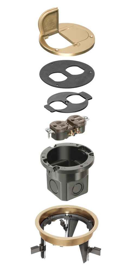 Arlington Industries DROP IN floor box kit with low profile steel bracket and brass cover with flip lid.