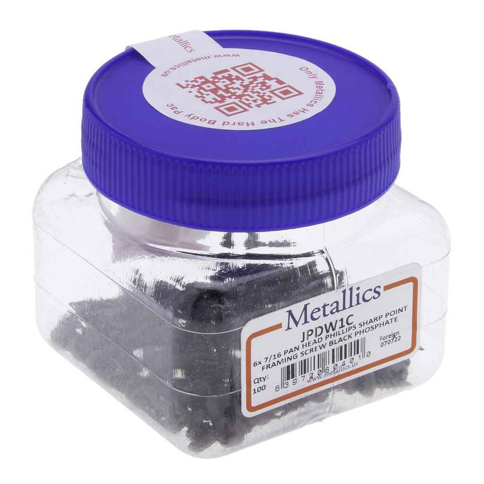 Metallics 6 x 7/16 in. Pan Head Phillips Sharp Point Self-Piercing Framing Screws - Steel Black Phosphate - 100qty