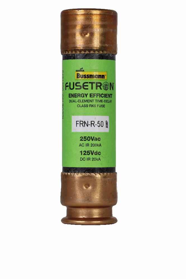 Bussmann Eaton series FRN-R fuse, 50 A, Dual, Class RK5, Non-indicating, Ferrule end x ferrule end, 10 sec at 500%, 200 kAIC at 250 V,20 kAIC at 125 V
