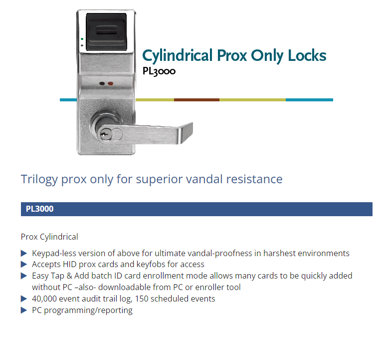 Alarm Lock PL3000 Series Trilogy Prox Only Lock With Audit Trail, Satin  Chrome