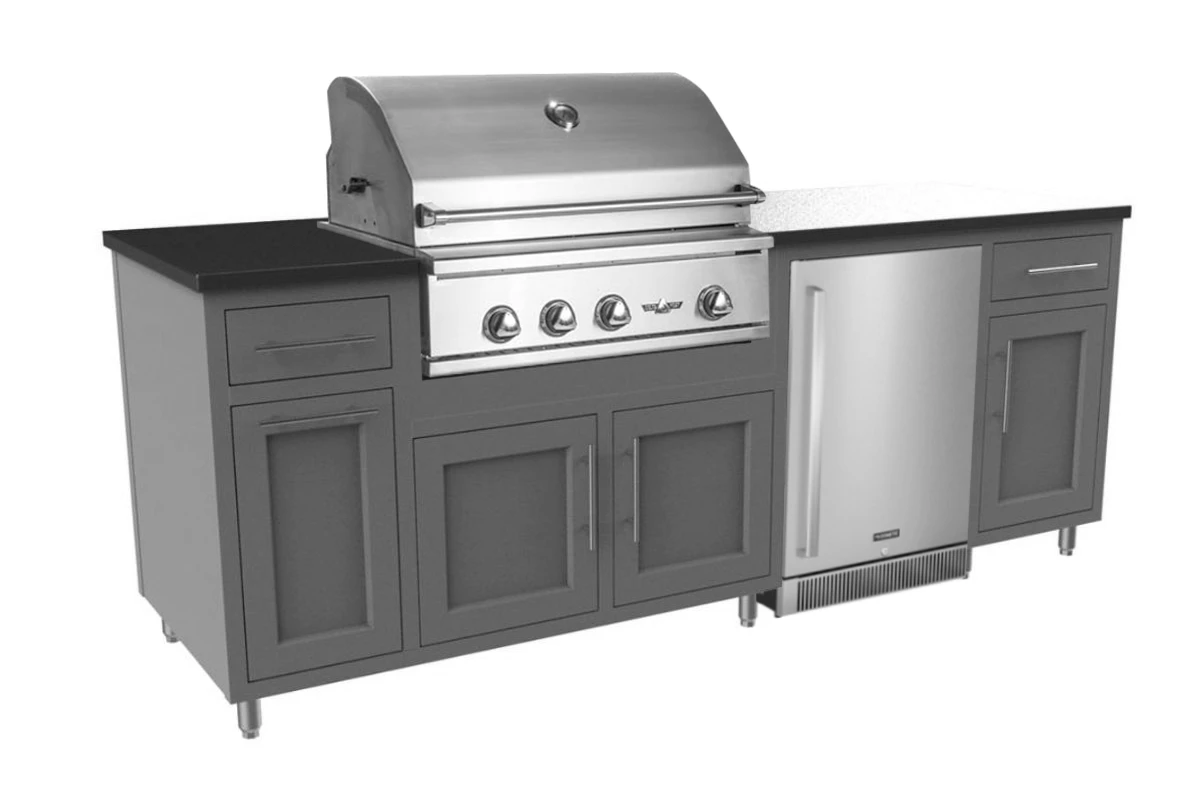 Coastal 7.9 XL Grill and Chill Island, a pre-designed Majestic grill island with a built-in grill base and 24-inch refrigerator space