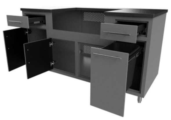 From left — door drawer w/adjustable shelf, grill base, waste bin with drawer above