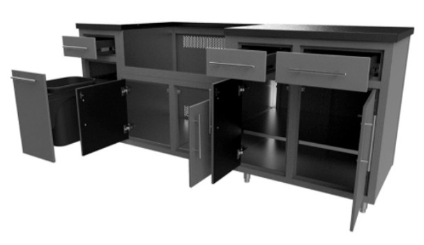 The intelligently designed layout includes, from left to right:
waste bin with drawer above, gas grill base, and two door/drawer cabinets with adjustable shelves