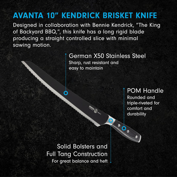 Avanta 10 inch Kendrick brisket knife features German X50 steel and full tang construction