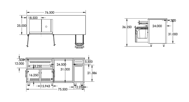 Coastal 6.5 Electric Grill & Chill Island – dimensions drawing (76.5 in wide x 25 in deep x 36.25 in tall)