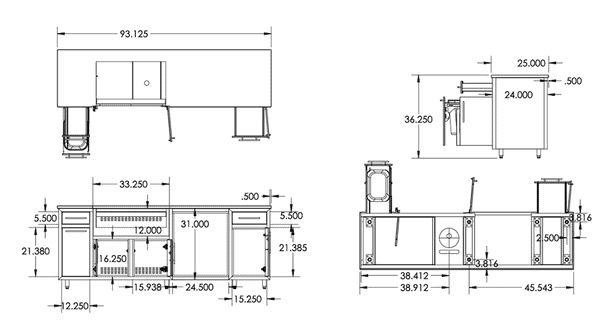 Coastal 7.9 XL Electric Grill & Chill Island – dimensions drawing (93.125 in wide x 25 in deep x 36.25 in tall)