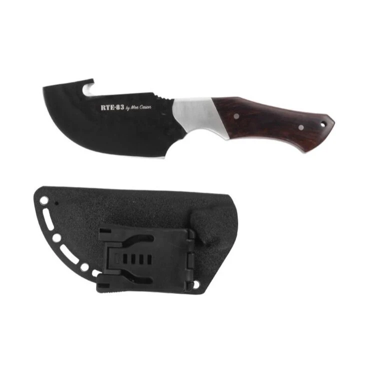 Moe Cason Skinner Gut Hook Knife with black blade shown above its black Kydex sheath