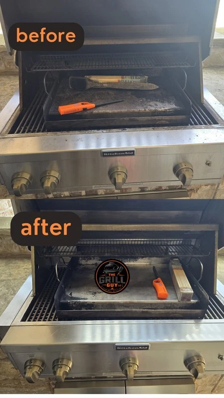 Built-in gas grill before and after professional cleaning