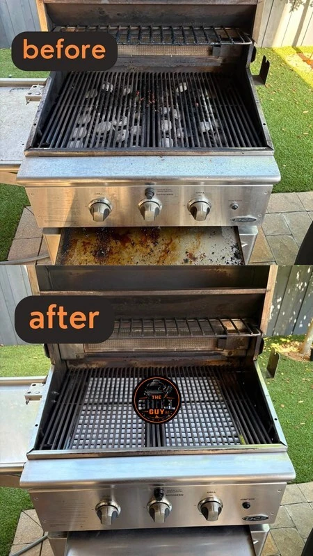 Built-in gas grill before and after professional cleaning
