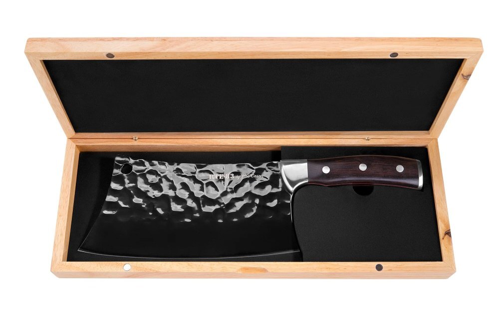 Moe Cason Meat Cleaver with ebony handle resting in its open wooden storage box