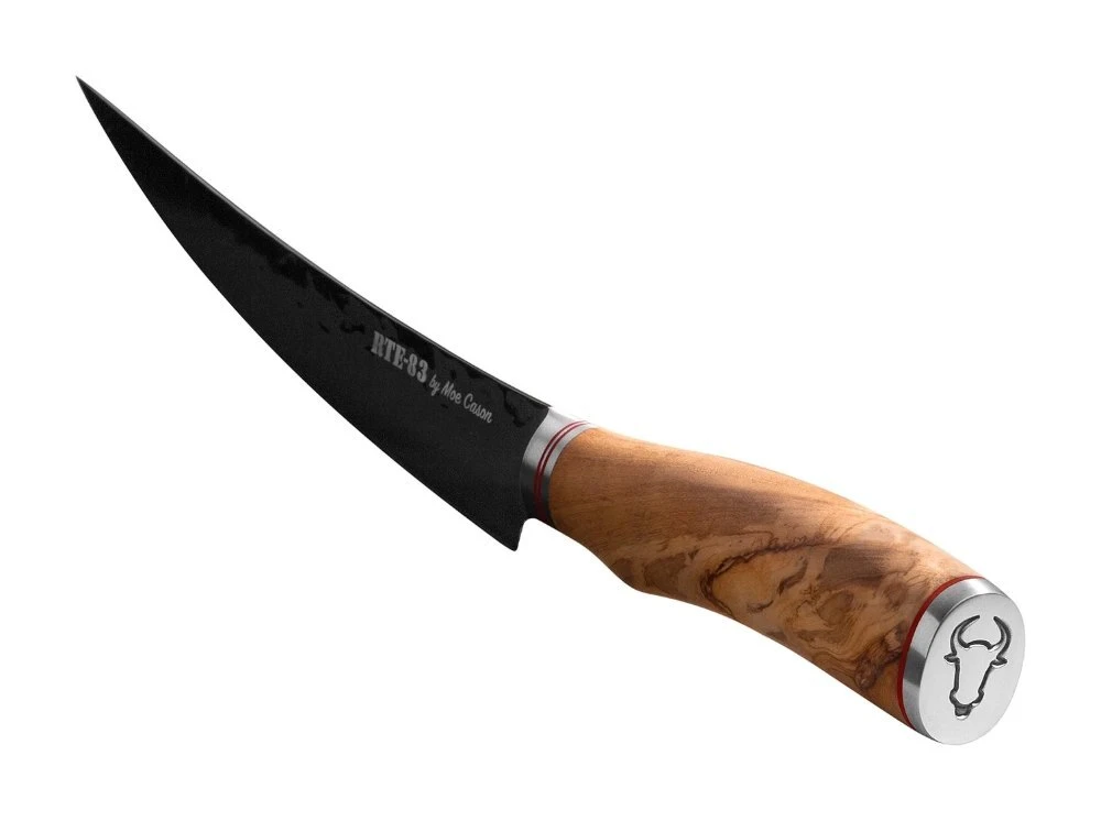 Moe Cason XL Boning Trimming Knife with a curved black blade and olive wood handle